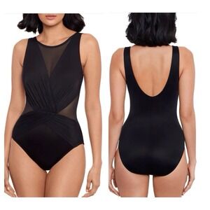 MIRACLESUIT Illusionist Palma One Piece SWIMSUIT Size 24 Black Mesh Slimming NEW